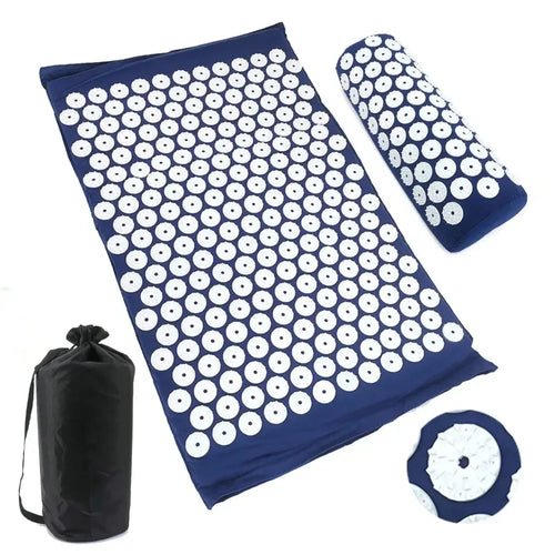 Acupressure massage yoga mat set with pillow and carry bag for back pain relief, blue smart yoga mat studio view.