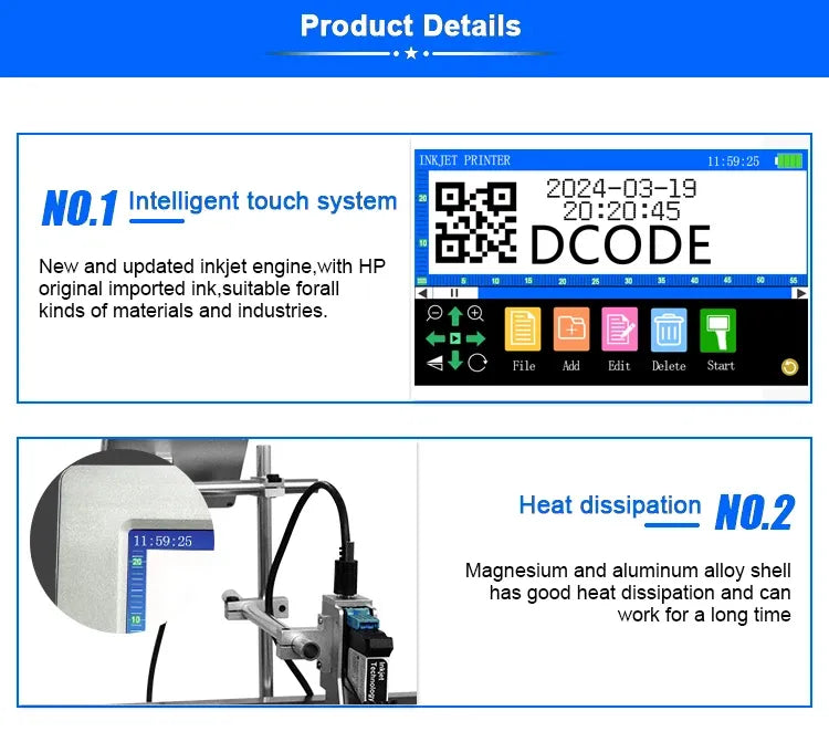 Industrial thermal inkjet printer controller with touchscreen showing QR code and date/time