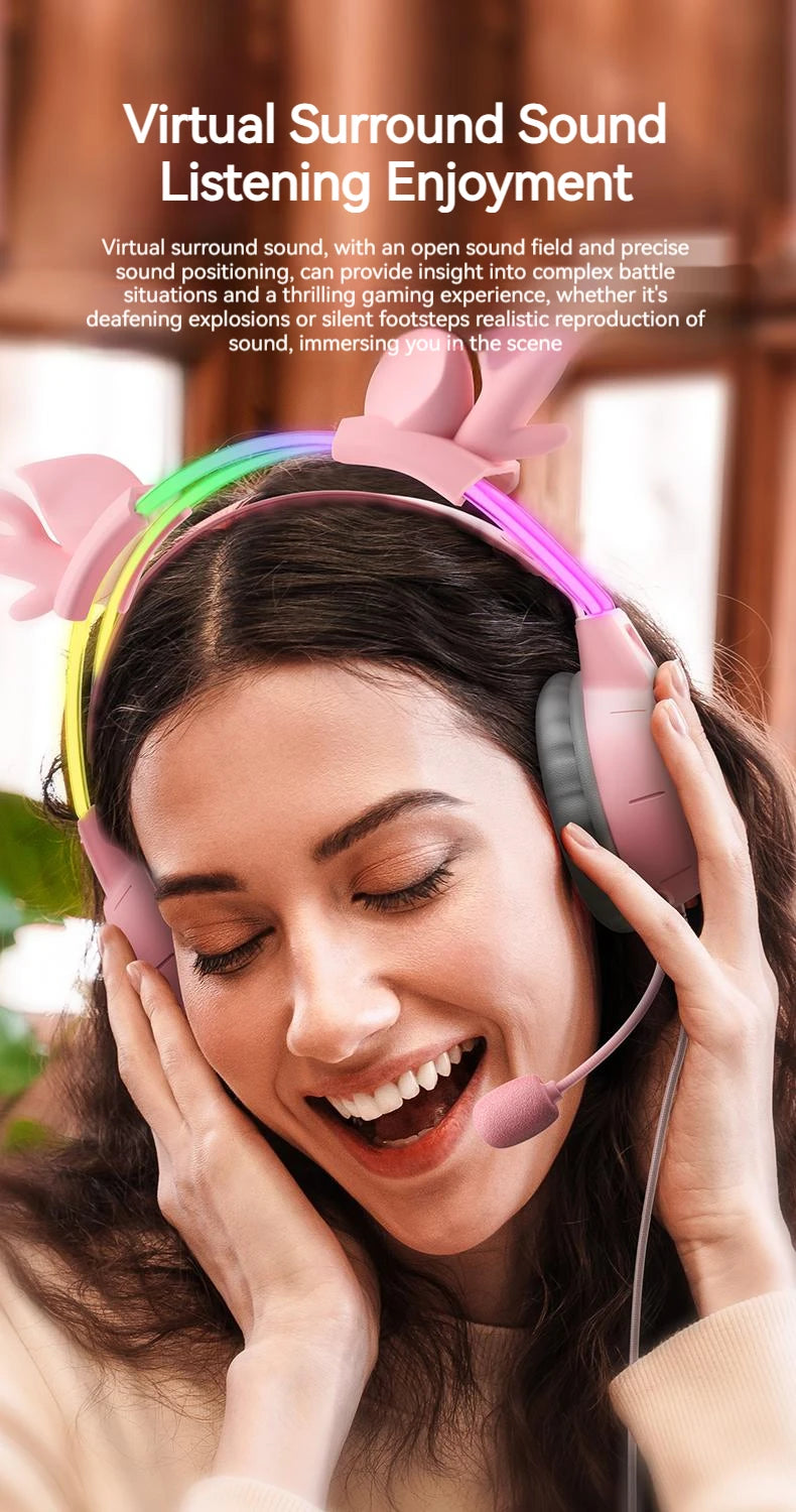 Pink Gaming Headphones with Cat Ears, RGB Mic, and Low Latency Audio Tidesmit