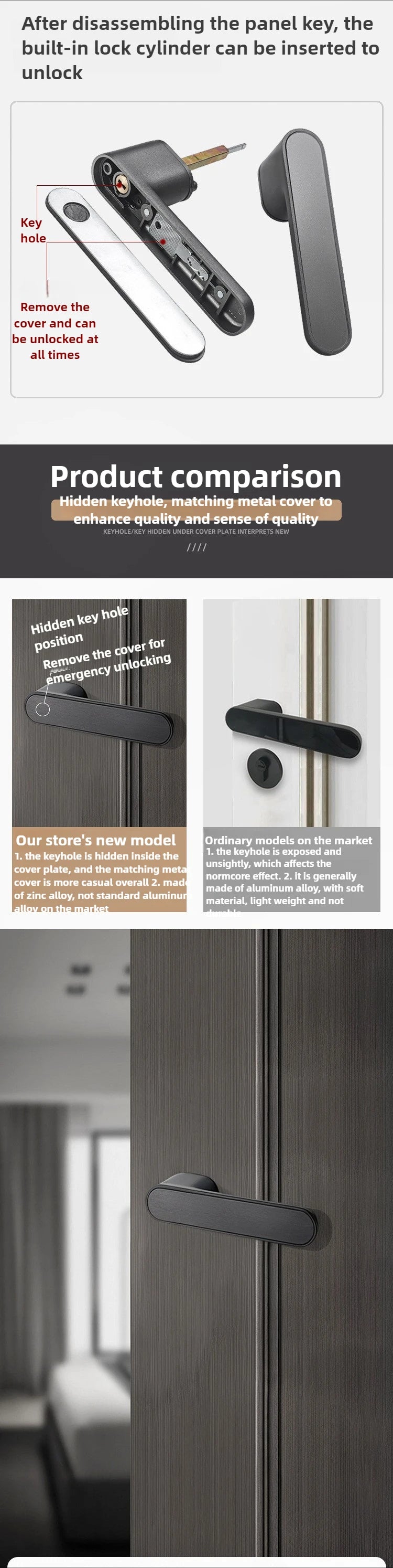 New High Aesthetic Minimalist Room Door Lock, Magnetic Silent Lock, Wooden Door Handle, Minimalist Style