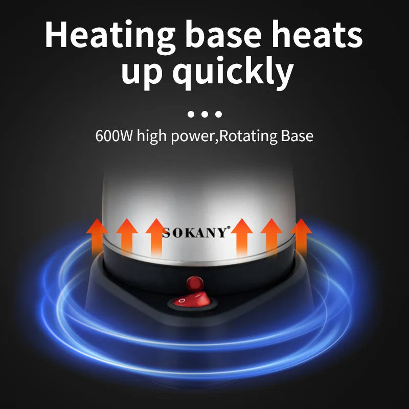 Sokany 600W stainless steel electric kettle base with rotating design and red power switch on black stand.