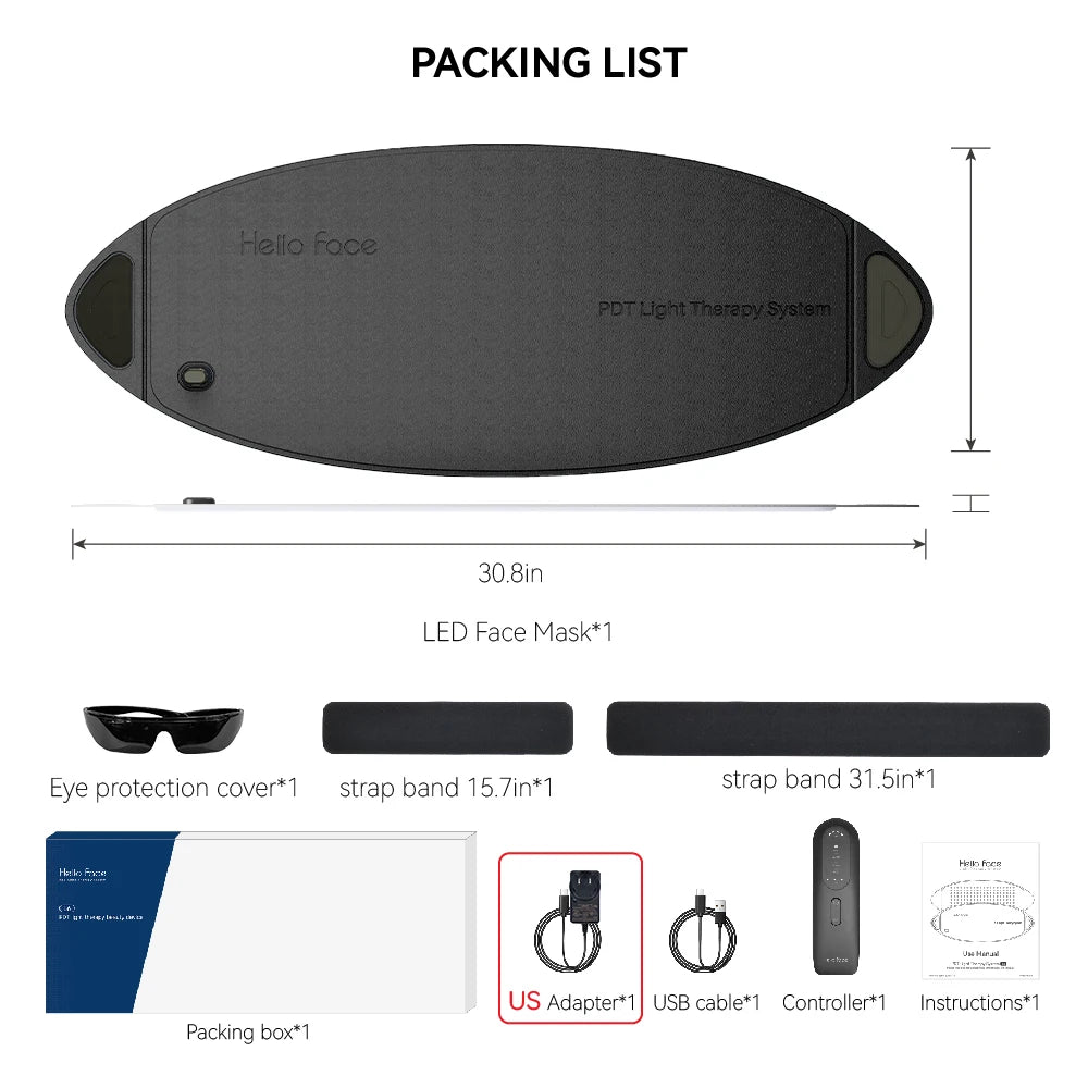 Packing list for black Hello Face LED light therapy mask with controller, power adapter, straps, glasses, and box.