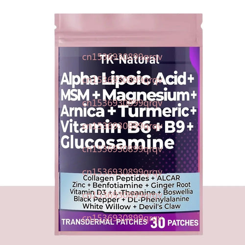 TK-Natural transdermal patch pouch showing 30 patches and ingredient list