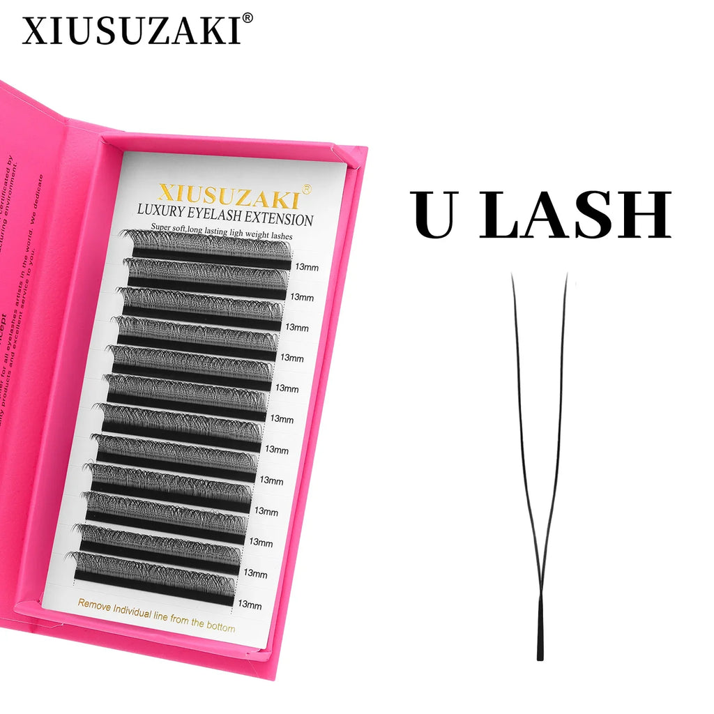 U-shaped eyelash extensions in a pink case with 13mm black lash strips and a pair of fine-point metal tweezers.