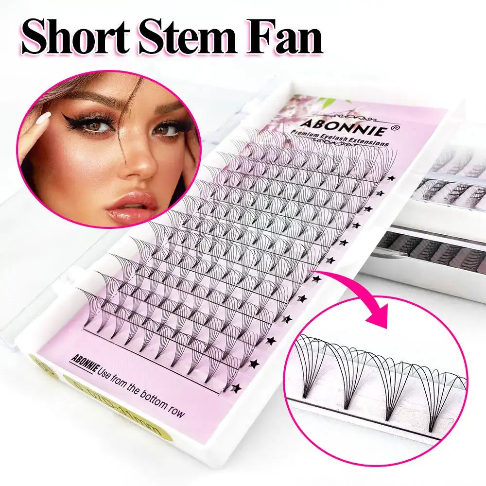 Abonnie premade short stem volume lash extension tray in black, showing lash fan detail and model application.