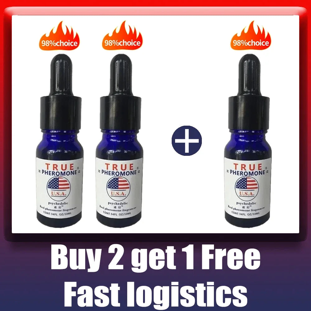 True Pheromone Psychedelic long-lasting men’s fragrance oil in blue glass dropper bottles, 3-pack pheromone cologne.