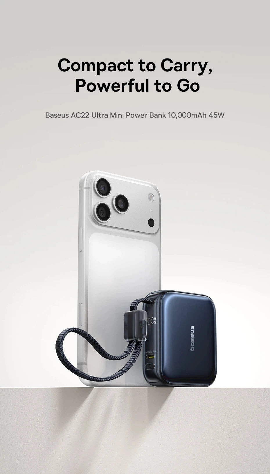 Tidesmit 10000mAh Fast Charging Power Bank with Built-in USB-C Cable Tidesmit