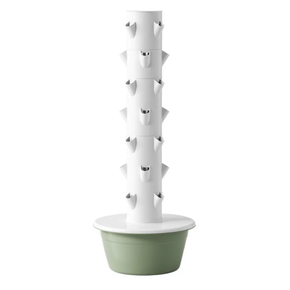 White vertical aeroponic tower planted in a green basin with openings
