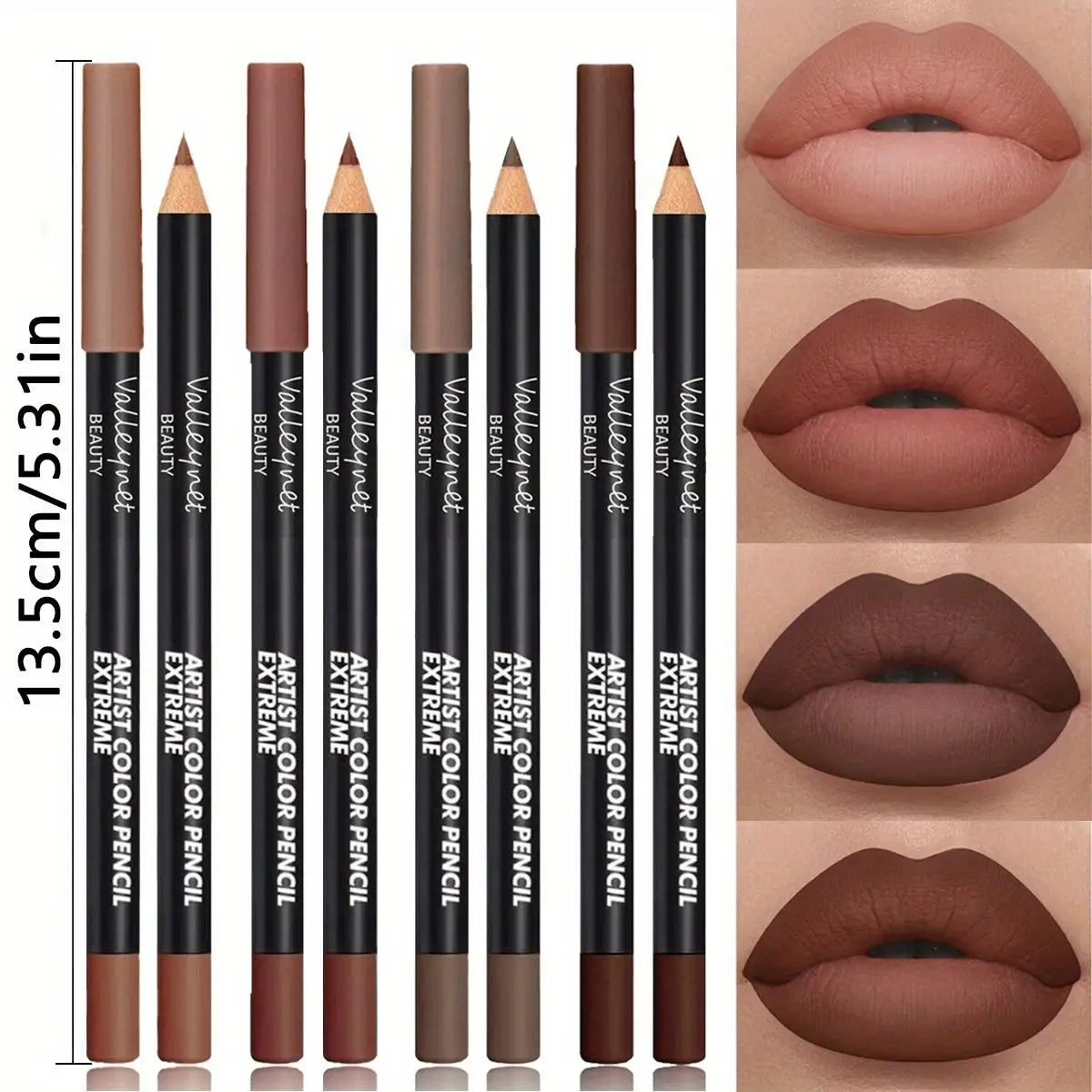 4pcs waterproof matte lip liner set in varied brown shades with long-lasting finish and lip swatch examples.