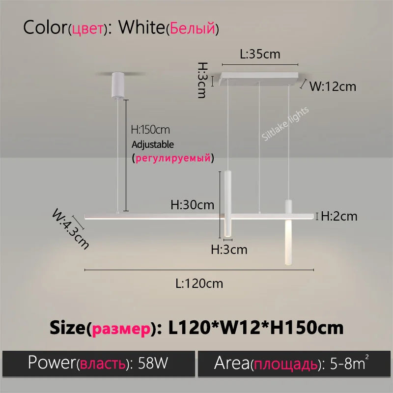 Linear LED Chandelier for Dining Room - Modern Dimmable Pendant Light White L120cm Tidesmit