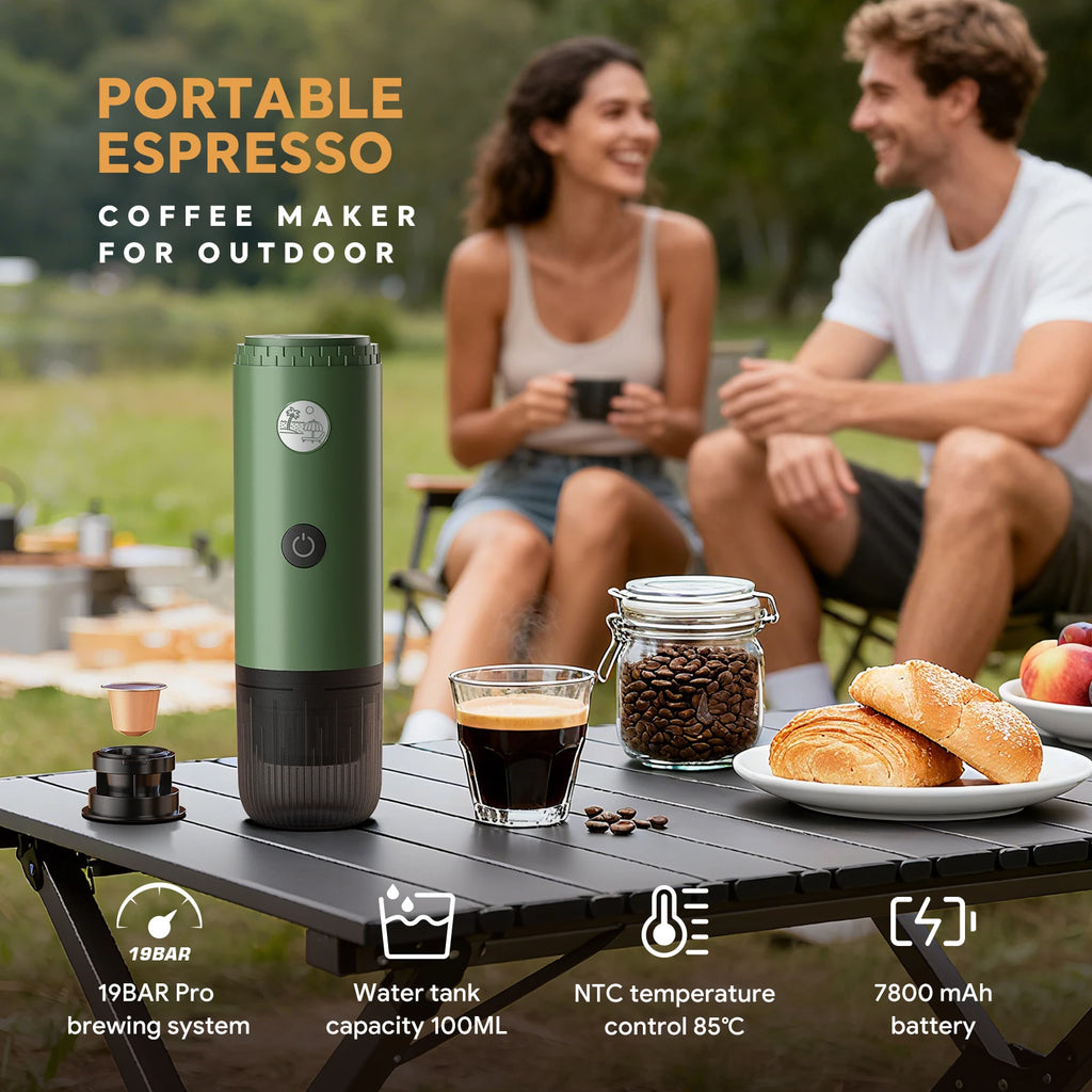 Green portable espresso coffee maker for outdoor use, 100ml water capacity, 19 bar pressure, and battery powered.