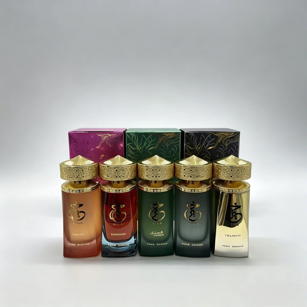 Paris Corner Intense Series: 100ml Arabian EDP perfume collection, unisex scents in ornate gold-capped glass bottles.