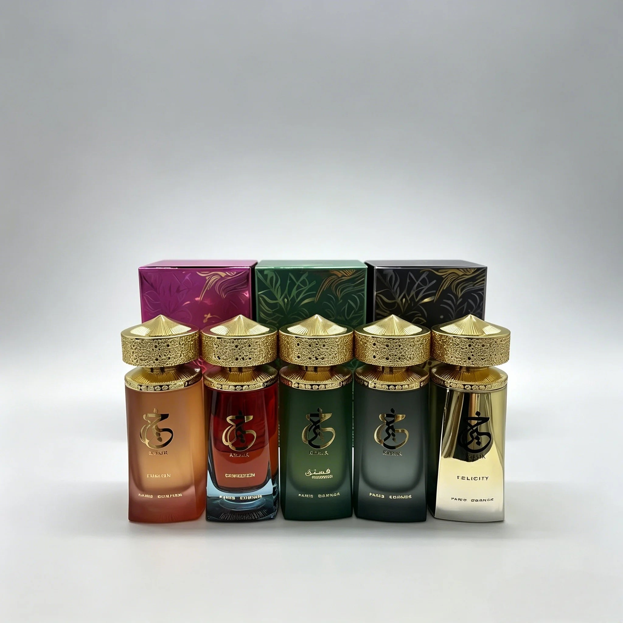 Paris Corner Intense Series: 100ml Arabian EDP perfume collection, unisex scents in ornate gold-capped glass bottles.