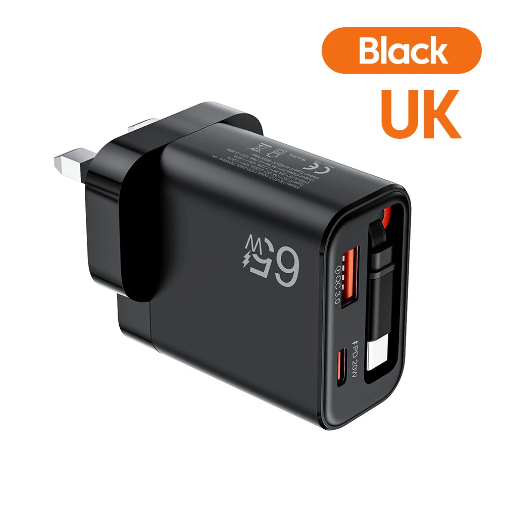 65W USB C Fast Charger with Retractable Cable - Tidesmit Black UK Tidesmit