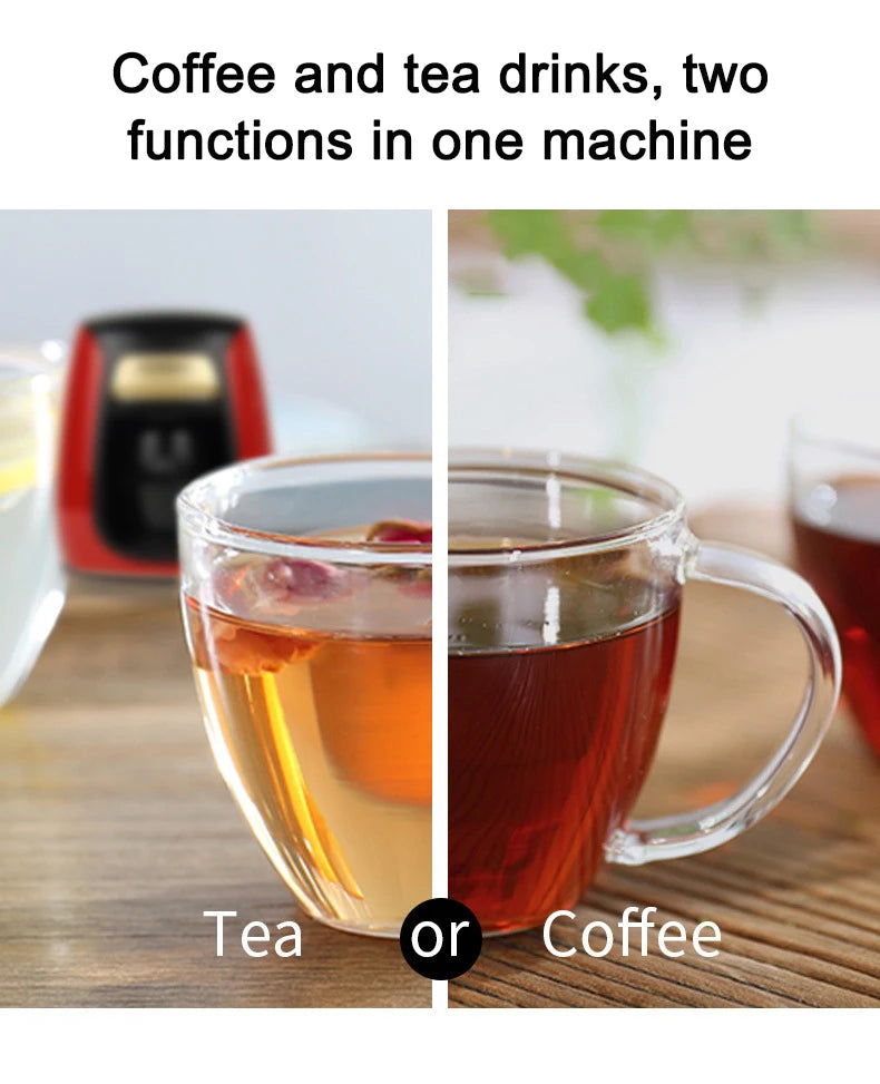 Red and black 2-in-1 coffee and tea maker machine with glass mugs on a wooden table.