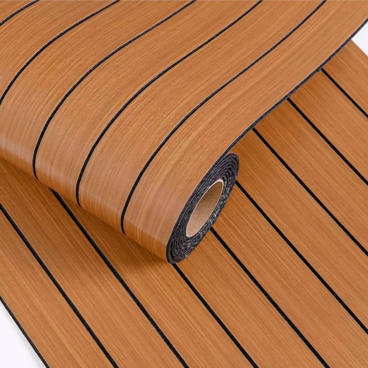 Self-adhesive 3D wall sticker roll with tan wood-look stripes and dark blue-black lines