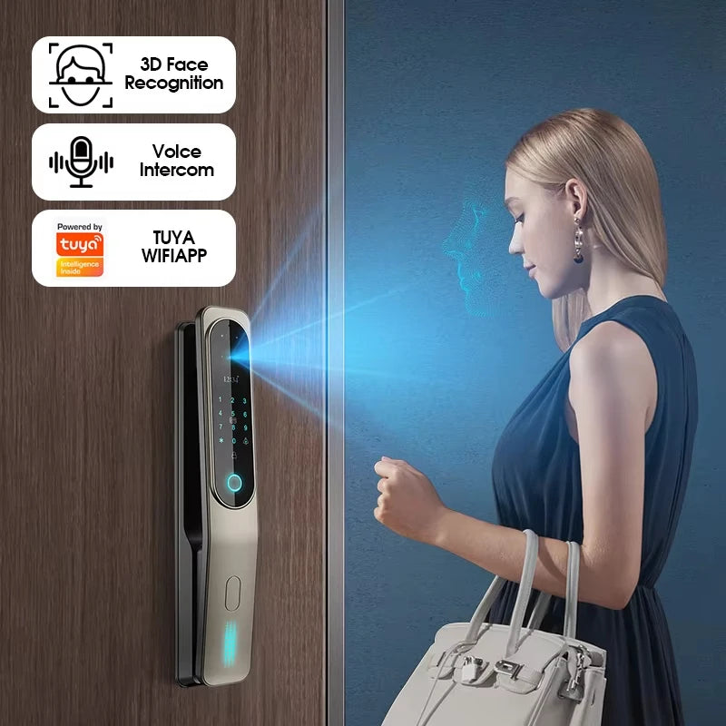 Electric Tuya App 3D Face Recognition Smart Doorlock Fingerprint Biometric Password Full Automatic Wifi Door Lock with Camera