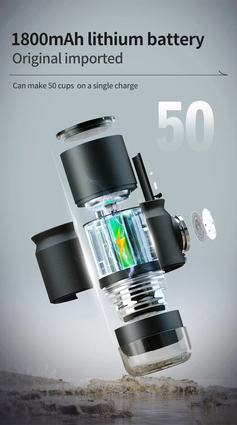 Exploded view of black portable coffee maker with 1800mAh lithium battery, capable of brewing 50 cups per charge.