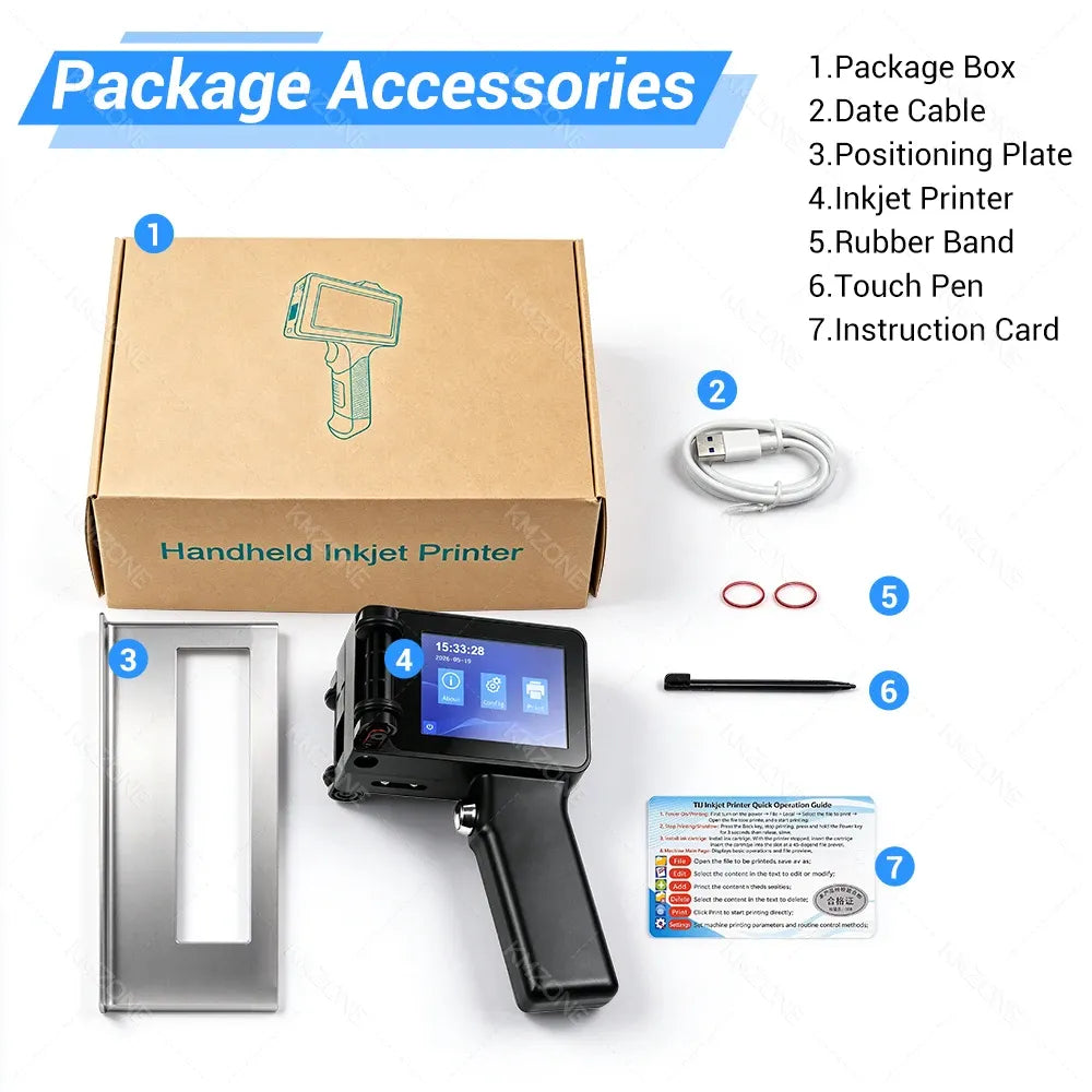 Handheld inkjet printer kit with accessories, instruction card, USB Type-C cable, and touch pen