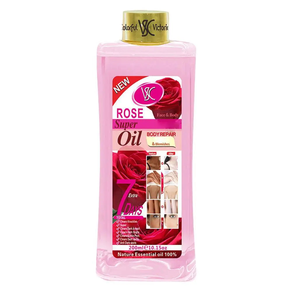 Rose body massage oil bottle with gold cap, pink translucent bottle with rose super oil label.