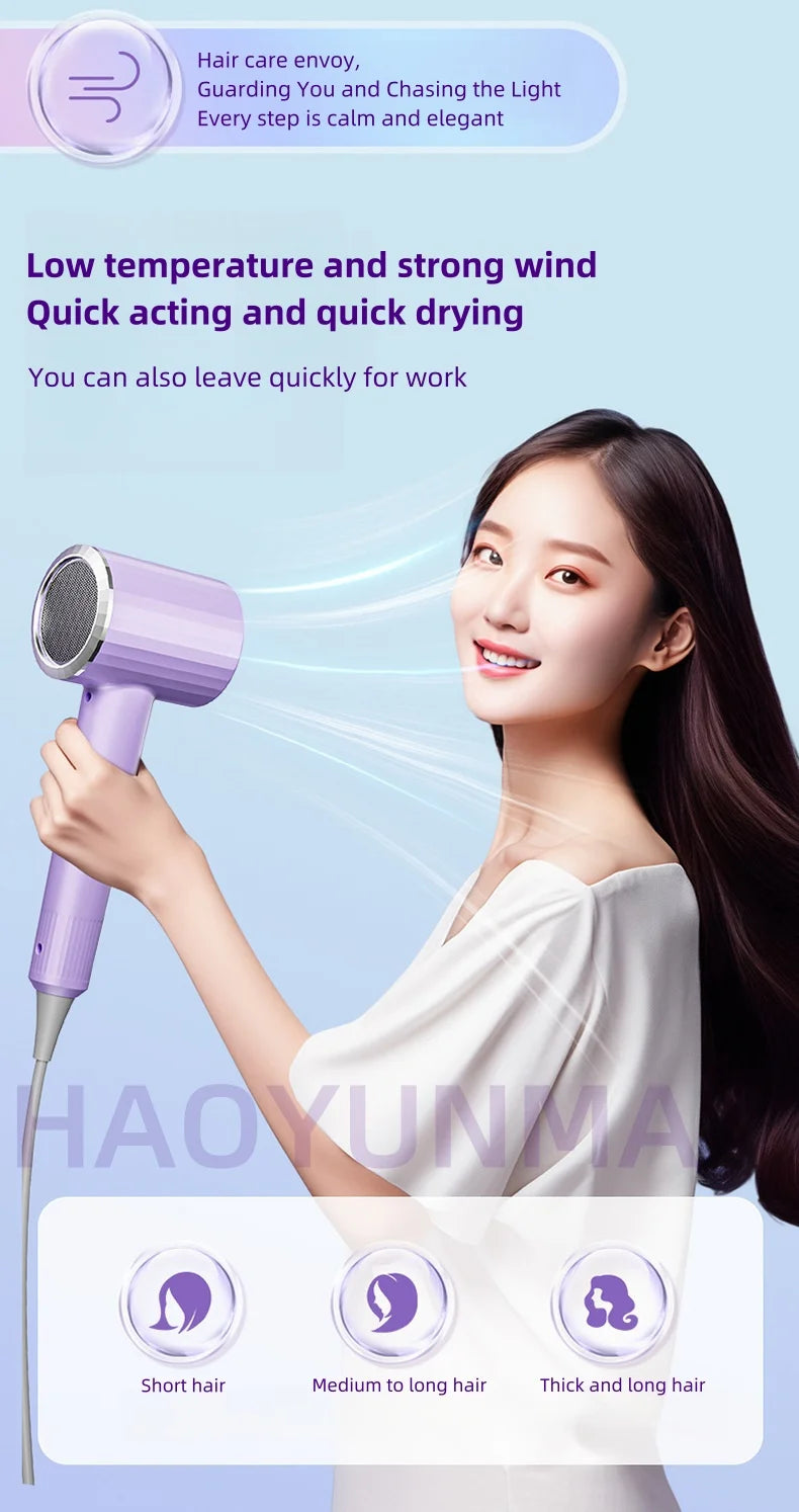 Woman using a purple 2400W ionic hair dryer for fast, salon-quality drying at home. Silent, ergonomic design.