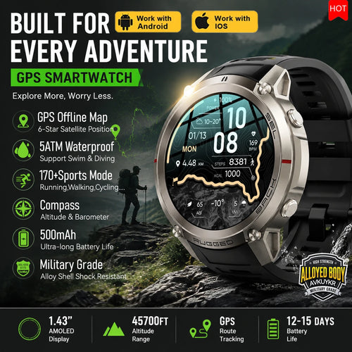 Black round GPS smartwatch with silver bezel and black silicone band, showing map display.