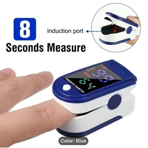 Blue and white portable fingertip pulse oximeter with a digital LED screen displaying SpO2 and heart rate readings.