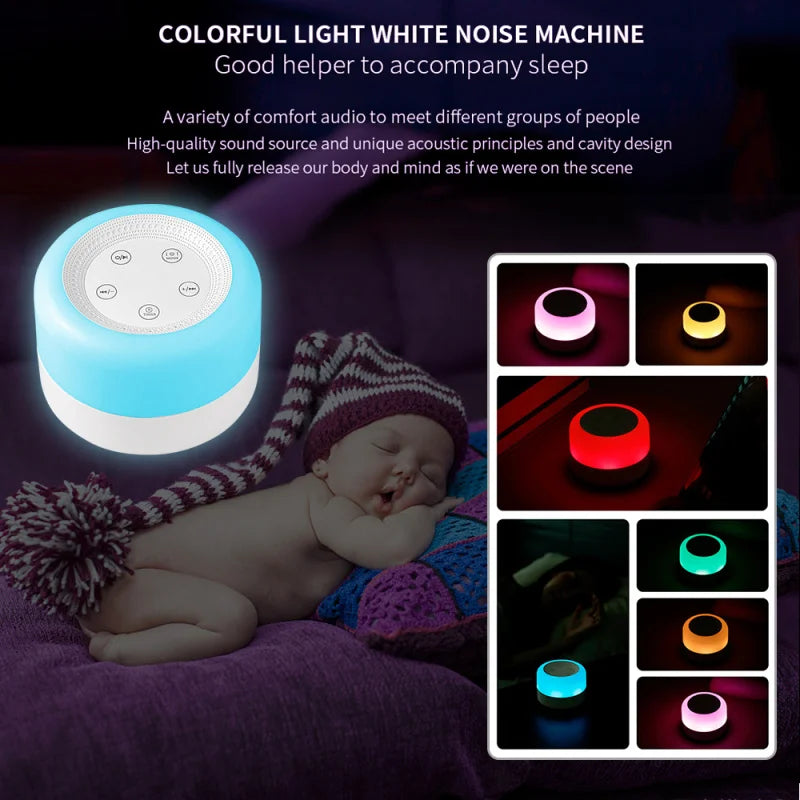 Portable White Sound Machine Baby Soother Adjustable Night Light with 12 Soothing Sounds 7 Lighting Colors Timer for Baby Sleep