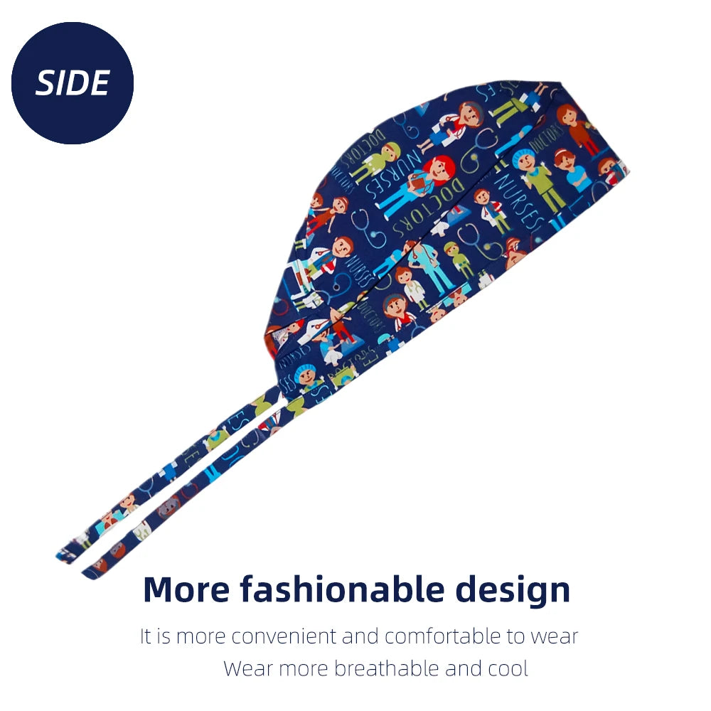 Adjustable navy blue scrub cap with medical print, sweatband, and tie-back for comfortable, breathable veterinary work.