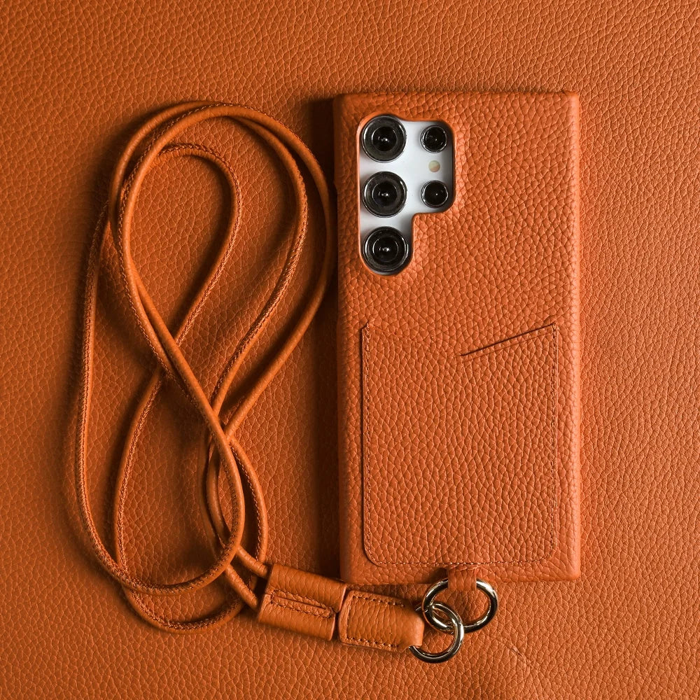 Genuine Leather Samsung Galaxy S24 Ultra Case with Adjustable Lanyard Orange China Mainland Tidesmit