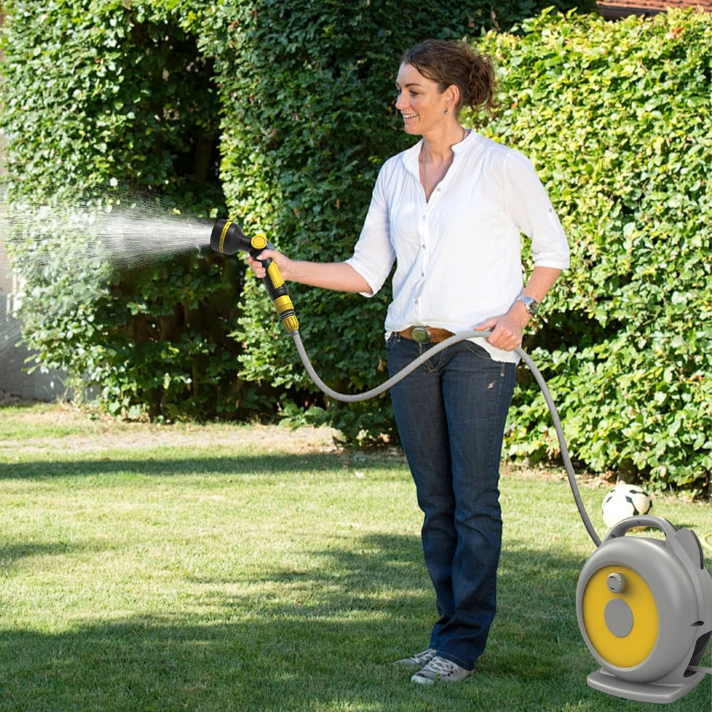 15M Auto Retractable Garden Hose Reel Full Surround Protective Water Pipe Cart Quick Connect Sprayer Gun 10 Spray Modes Yard Irrigation Car Washing Hose Set