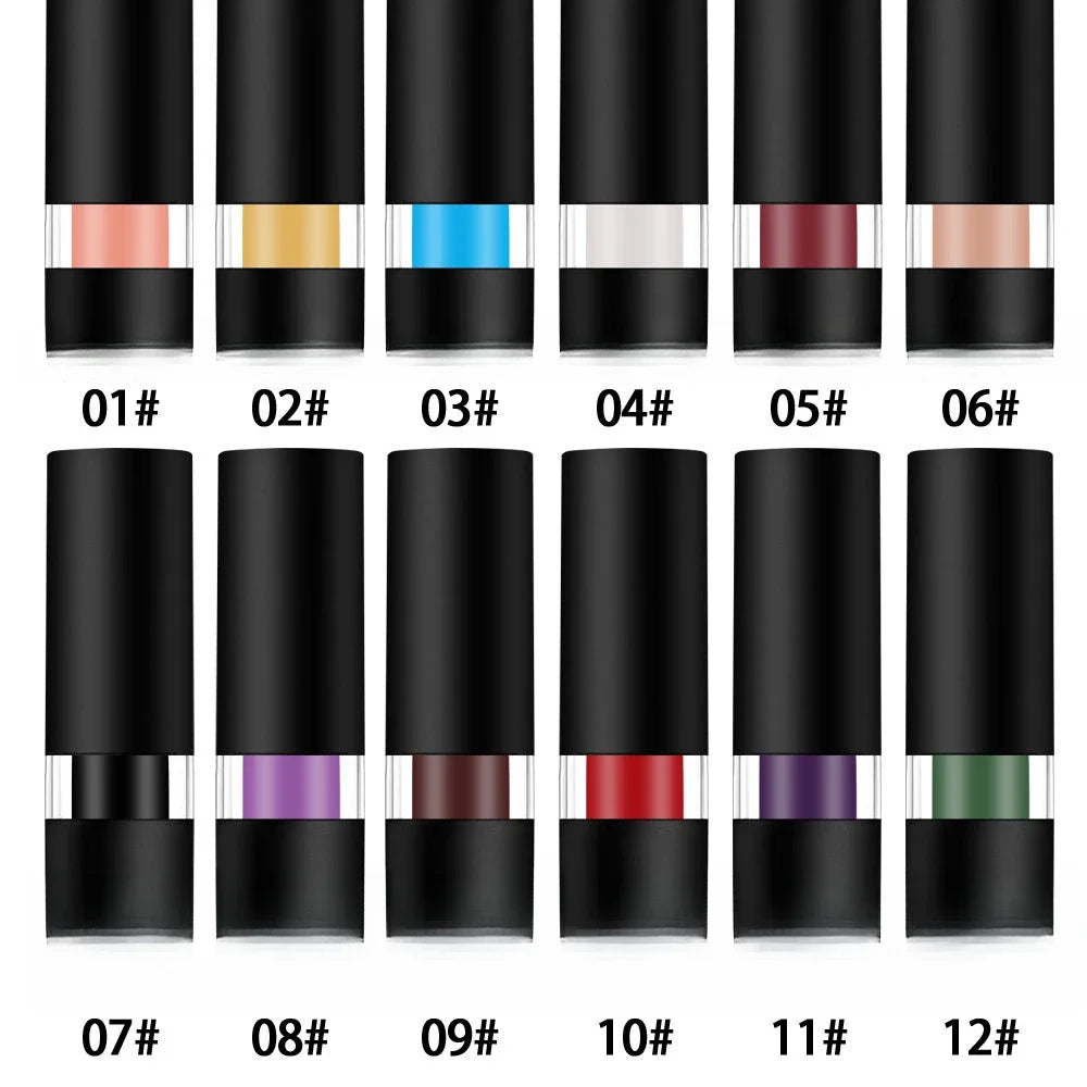 Matte waterproof lipstick set with 12 shades, including dark wine red, black, white, and colorful lip gloss tubes.