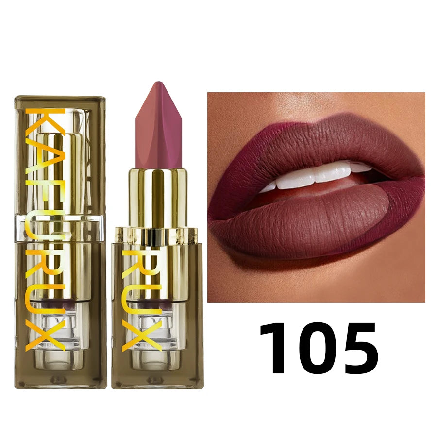 Two-tone matte lipstick in shade 105, featuring a moisturizing purple-red rose finish on lips in a gold tube.