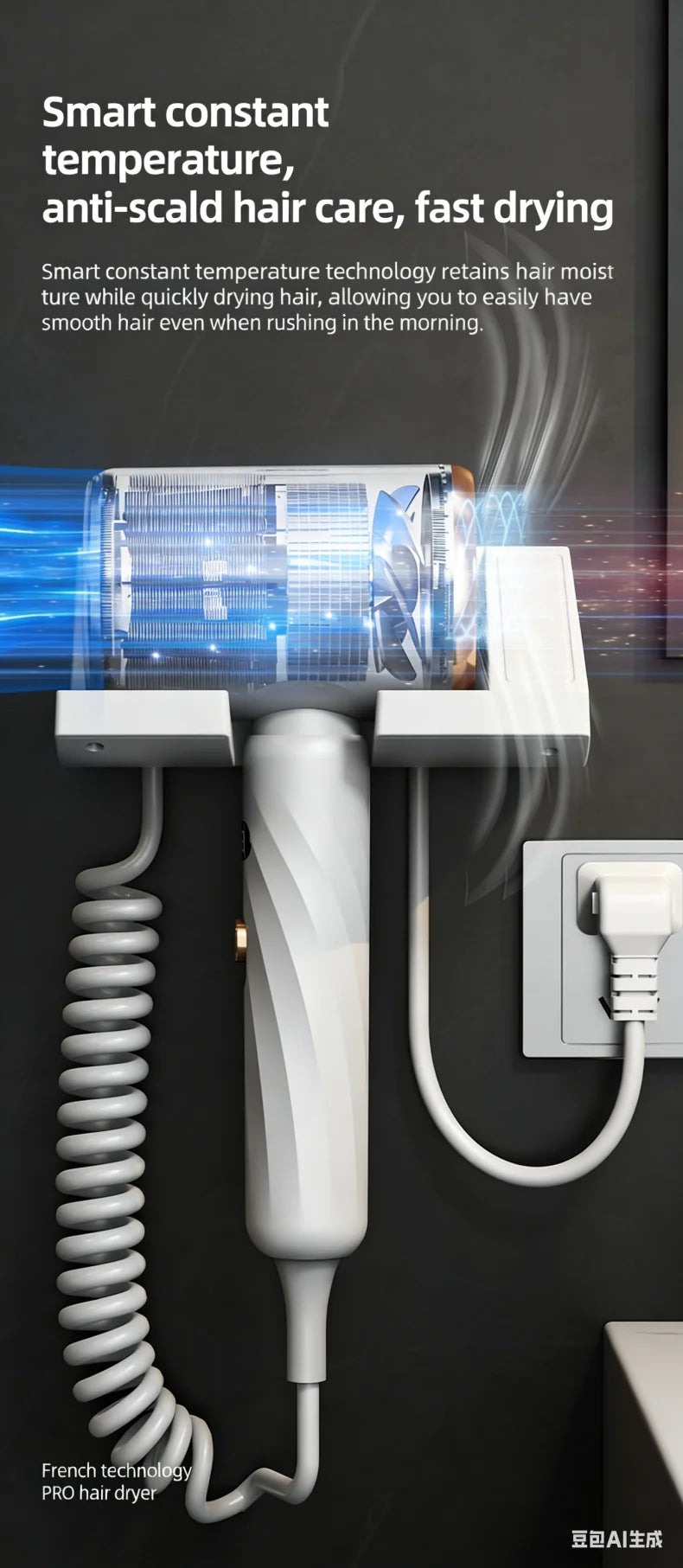 White 1800W wall-mounted hair dryer with coiled cord, LED temp display, and no-drill design for modern bathrooms.