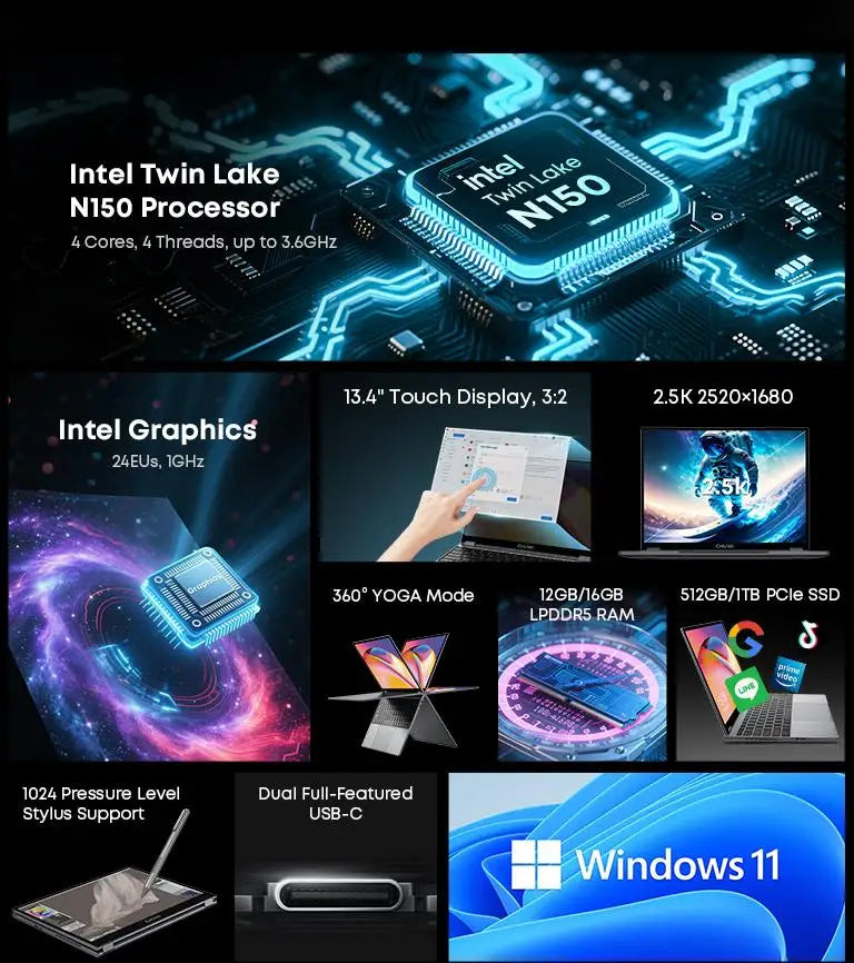 CHUWI FreeBook 2-in-1 Touch Screen Laptop Laptop 13.4'' IntelN150 16GB LPDDR5 RAM 512GB SSD FHD 2520x1680 WiFi6 BT5.2 Windows 11
