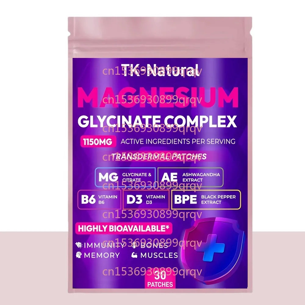 30 Patches Magnesium Glycinate Complex Transdermal Patches with Citrate, Silica, Vitamin B6 for Stress Relief, Muscle Support