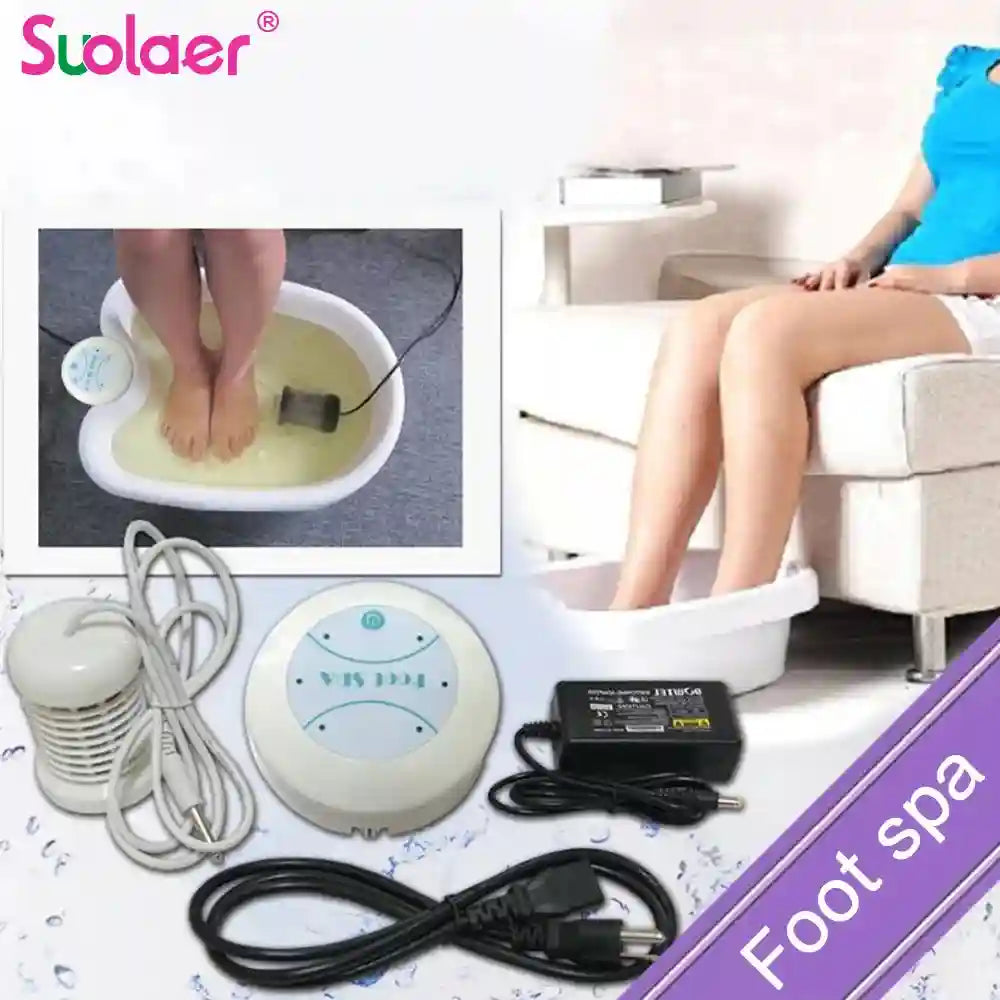 Ionic detox foot bath machine set with white basin, spa array, and power supply for home use wellness and relaxation.