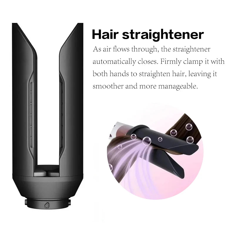 Black hair straightener attachment for 7-in-1 high-speed negative ion hair dryer, clamps for smooth styling.