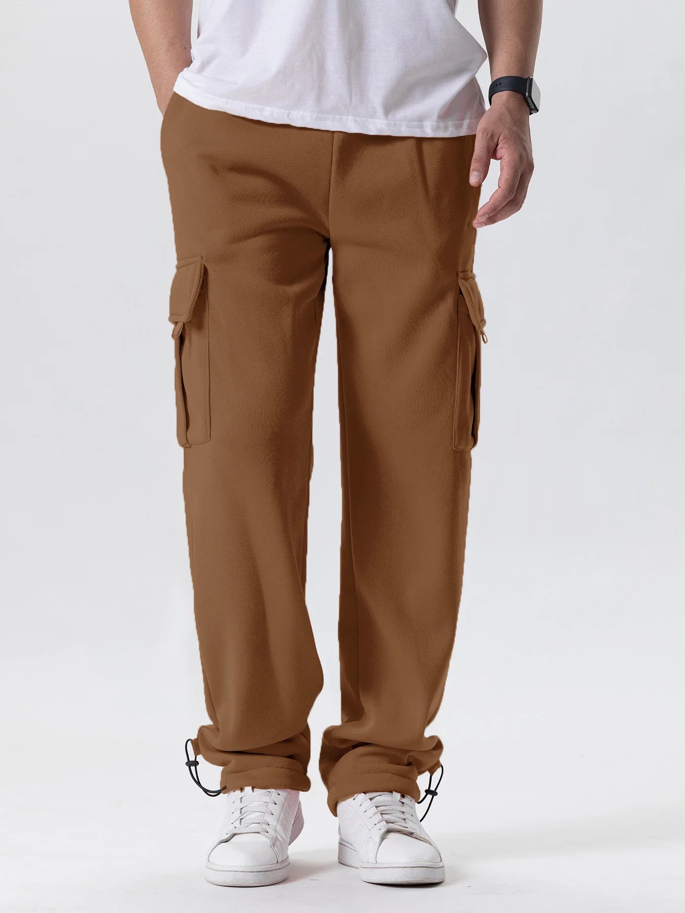 Tidesmit men's brown fleece cargo sweatpants featuring a loose, straight fit, side cargo pockets, and drawstring hems.
