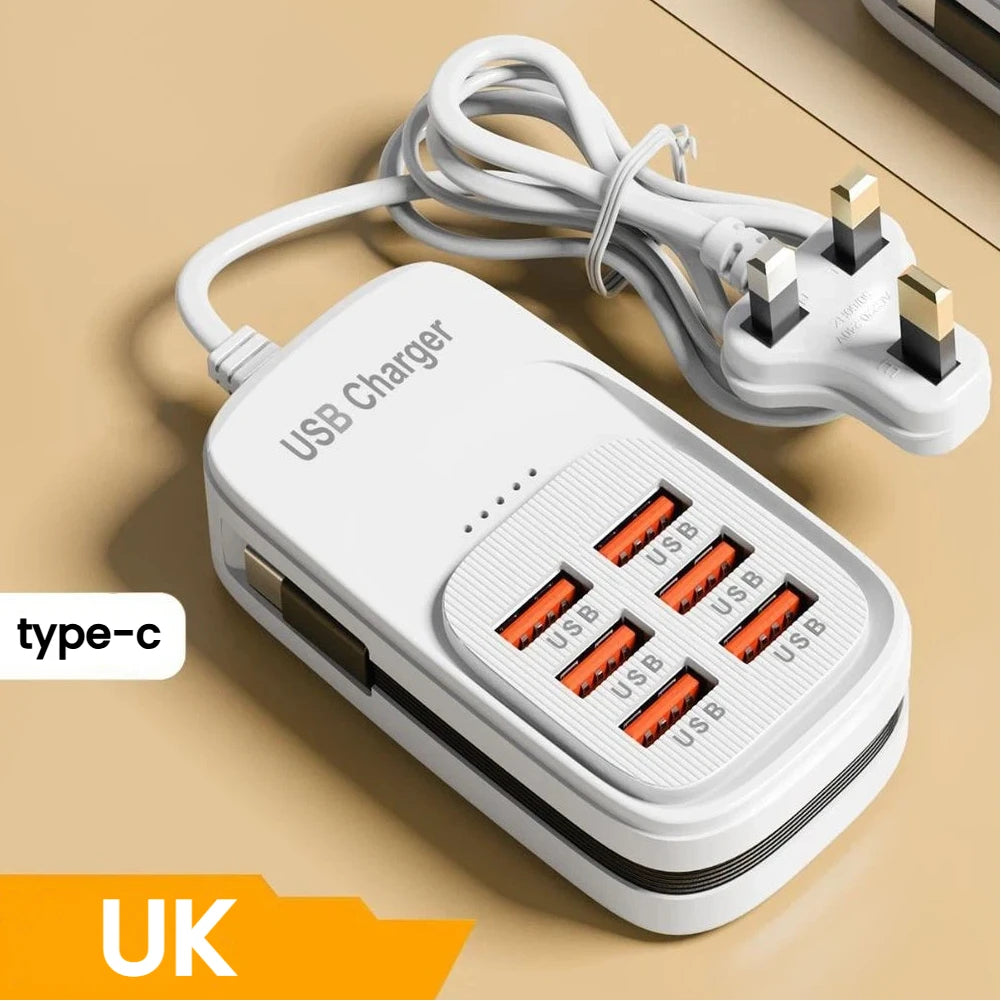 White 6-port USB power strip with orange USB ports and plug-in cables