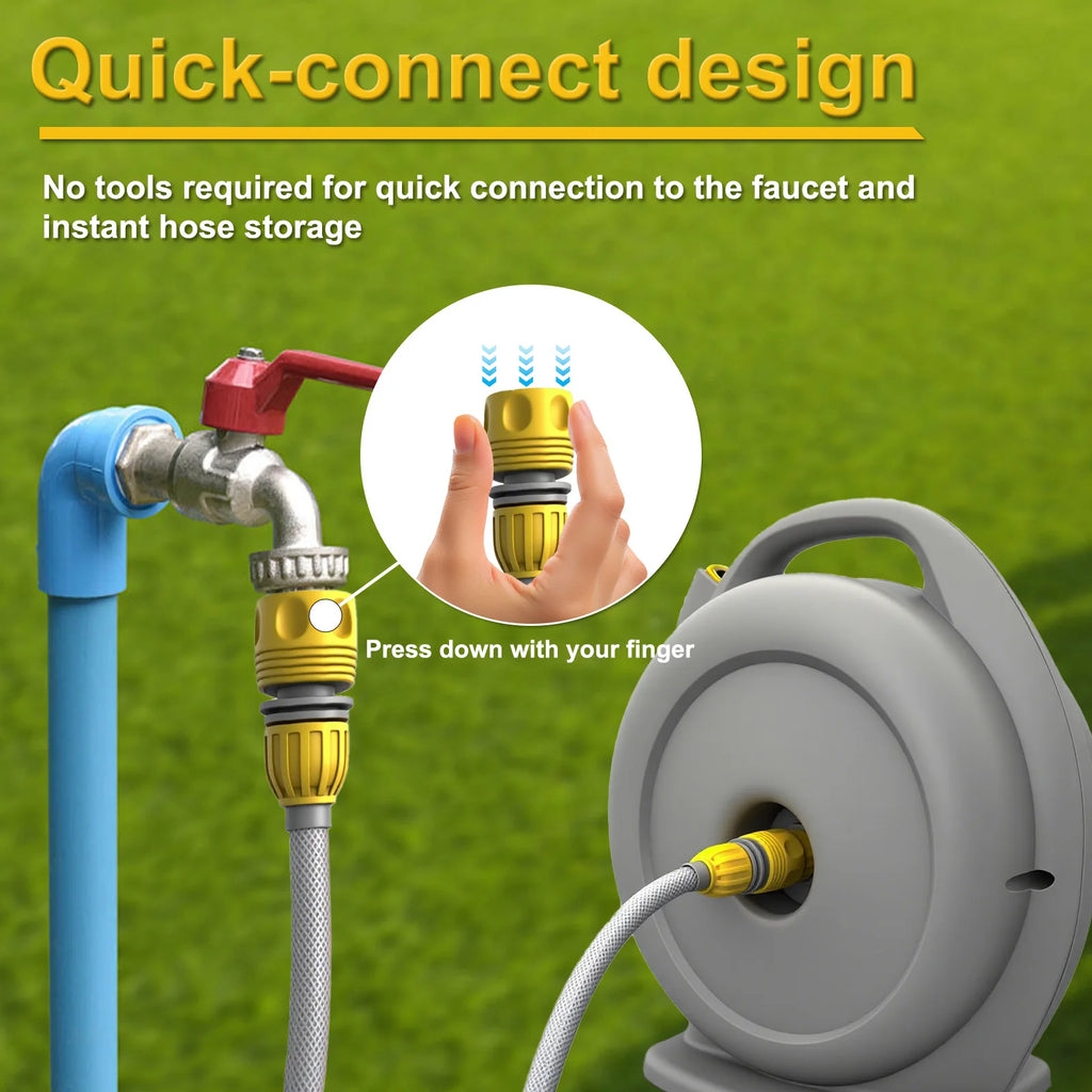 15M Auto Retractable Garden Hose Reel Full Surround Protective Water Pipe Cart Quick Connect Sprayer Gun 10 Spray Modes Yard Irrigation Car Washing Hose Set