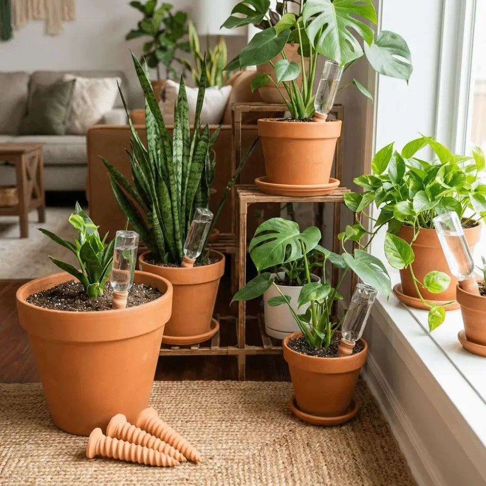 Terracotta irrigation stakes with clear tubes, shown in multiple potted plants