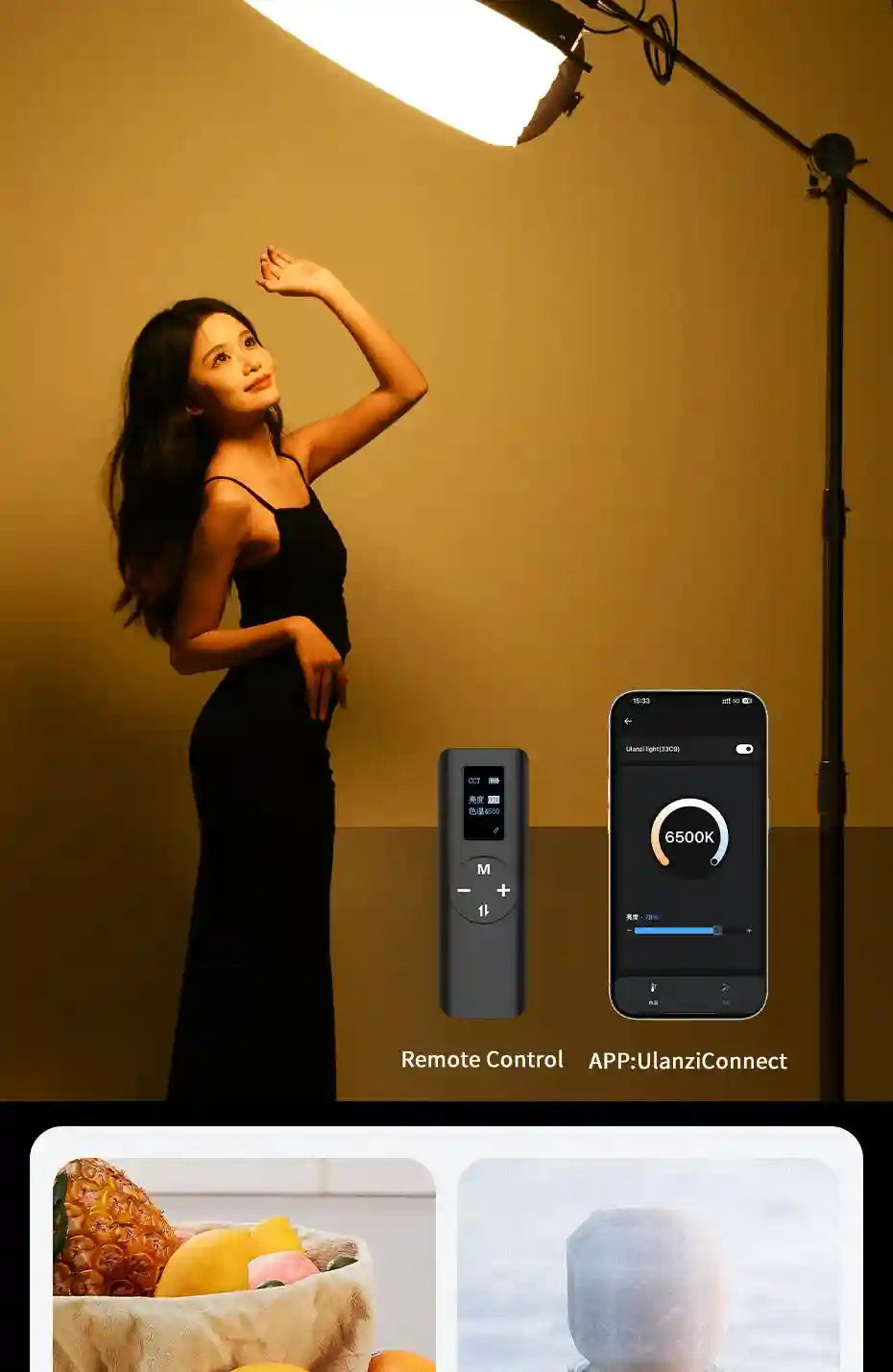 LED studio light with a black remote control and mobile app interface, used for professional photography lighting.