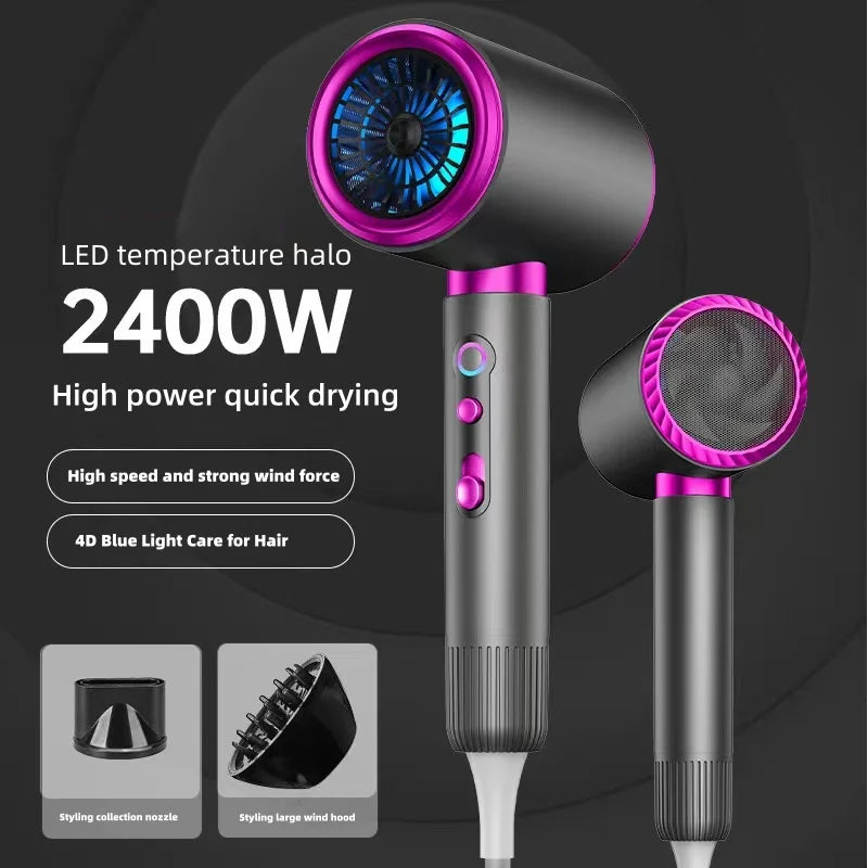 2400W high-speed grey & purple ionic hair dryer with LED halo, styling nozzle, and diffuser for salon-quality hair.