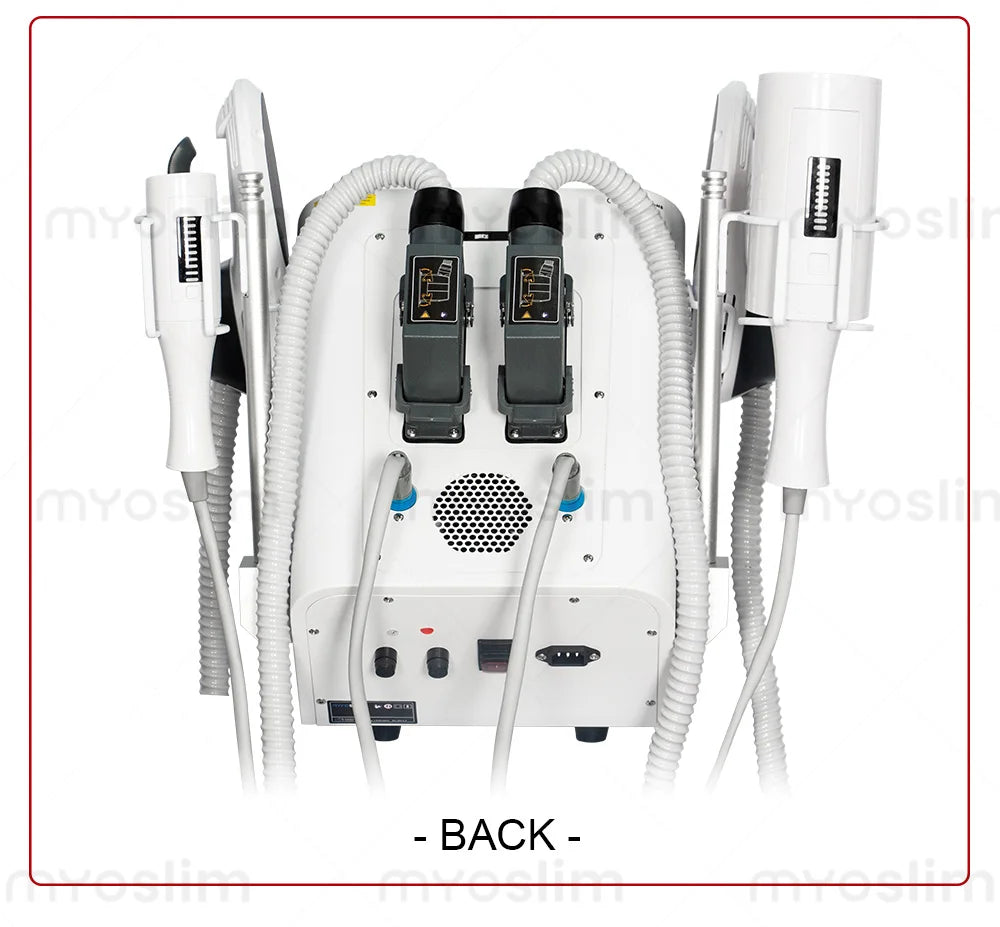 Back view of white EMS body sculpt machine with multiple vibration probes and connectors for professional fat burning.
