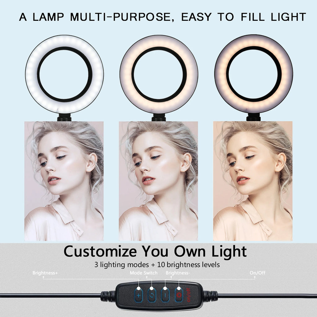 Circular LED ring light showing three color temperature modes for photography, with a wired controller for adjustment.