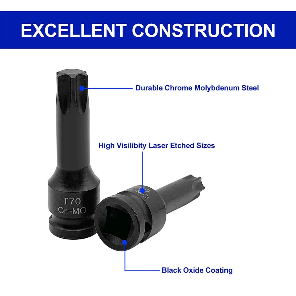 1/2" Impact Hex Allen Bit Socket Set T20-T80 Hex Driver Power Nuts Star Bit Impact Nut Set Cr-Mo Steel Drive Torx Socket Set