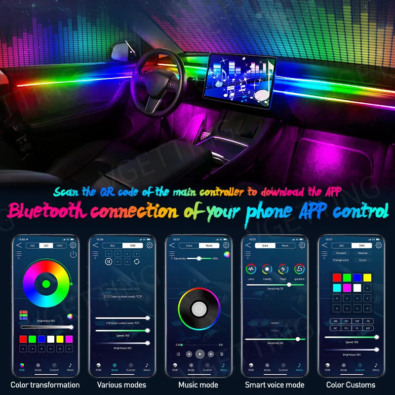 RGB LED interior car light strips with Bluetooth phone app control for customizable ambient lighting and color effects.