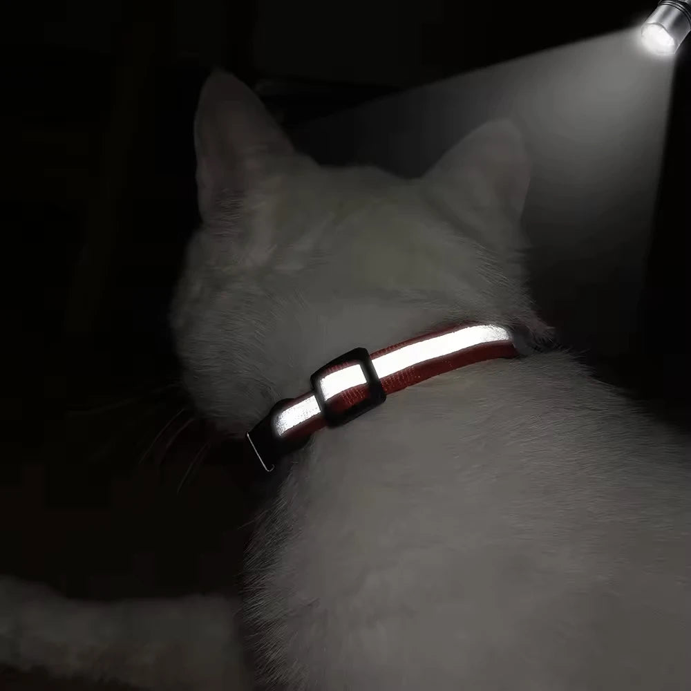 Reflective cat collar with custom ID tag for night safety. Red adjustable kitten necklace for anti-lost visibility.