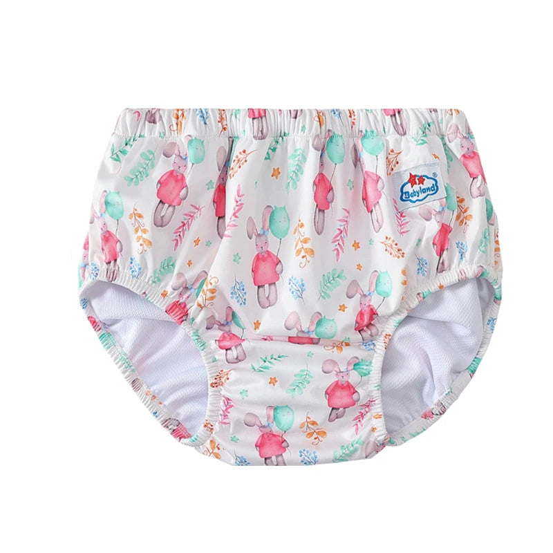 Babyland reusable baby training diaper with cute bunny and balloon print. High-quality baby care diaper for toddlers.